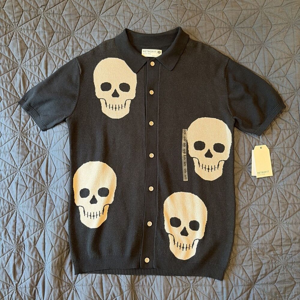 RETROFIT 100% Cotton Button Up Cardigan Skull Sweater S Black Goth Grunge